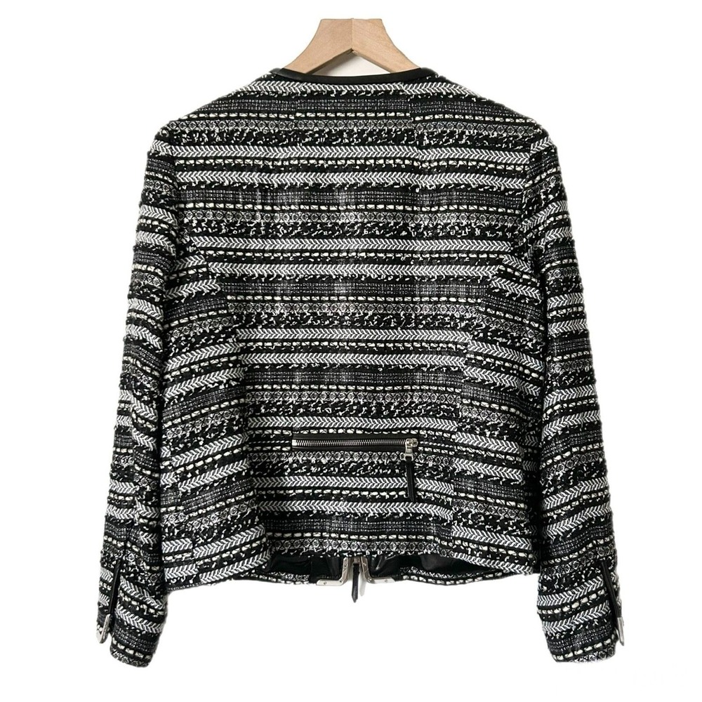 Milly Avery Black White Textured Tweed Leather Trim Jacket Blazer Moto Size 10 - Picture 6 of 9